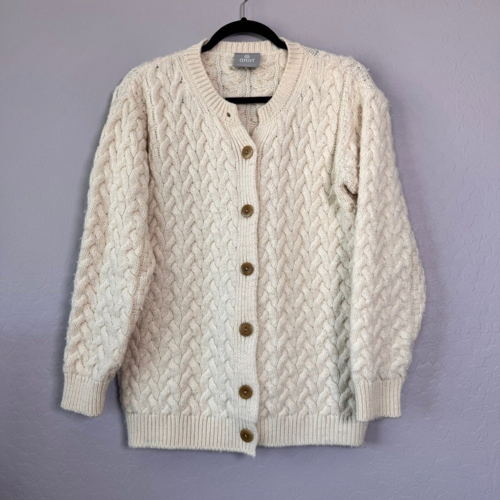 Aran Woollen Mills Medium Cardigan Cream LongSleeve CableKnit MerinoWool Ireland